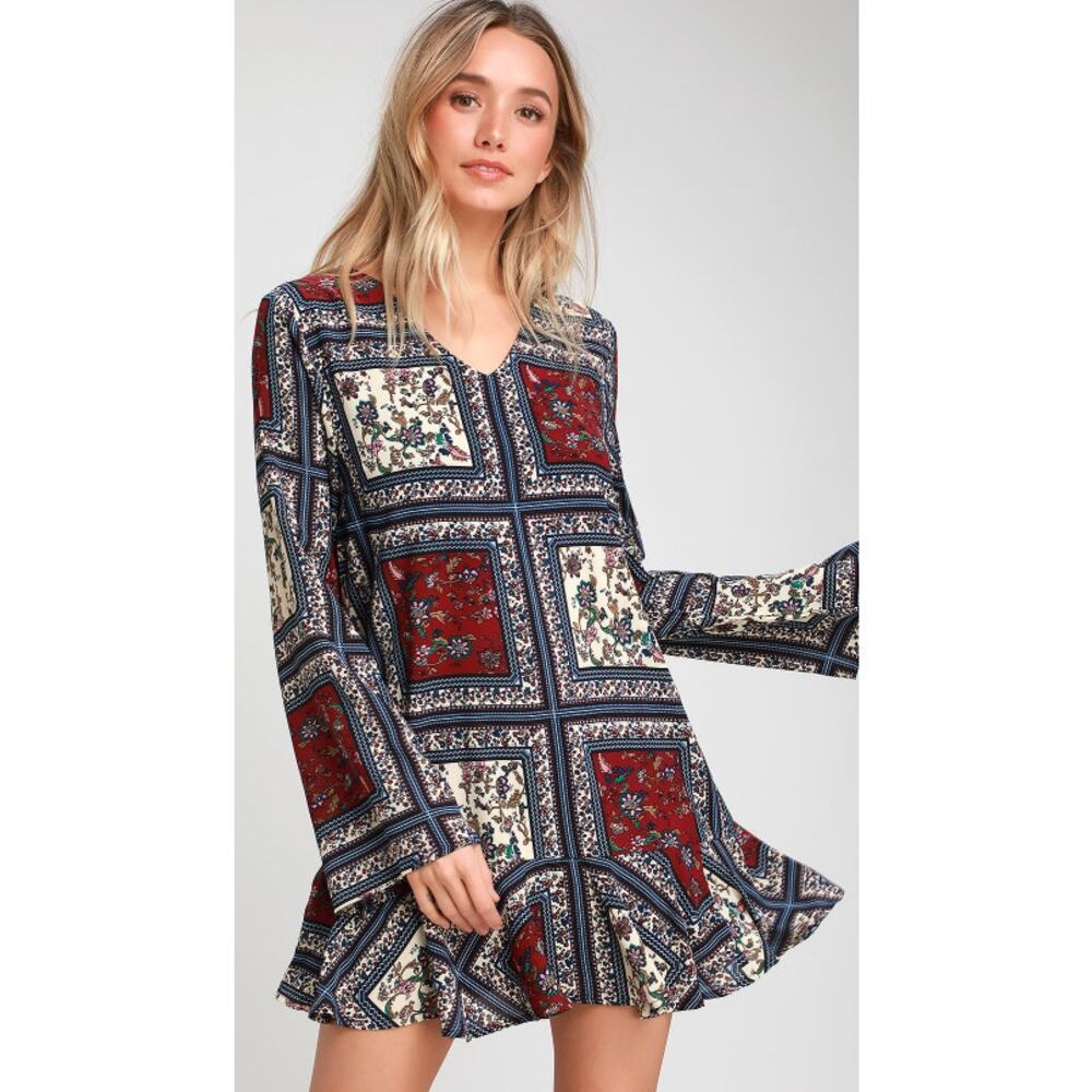 Lulu's Cream and Plum Multi Print Long Sleeve Shift Mini Dress, Sz S - NWT